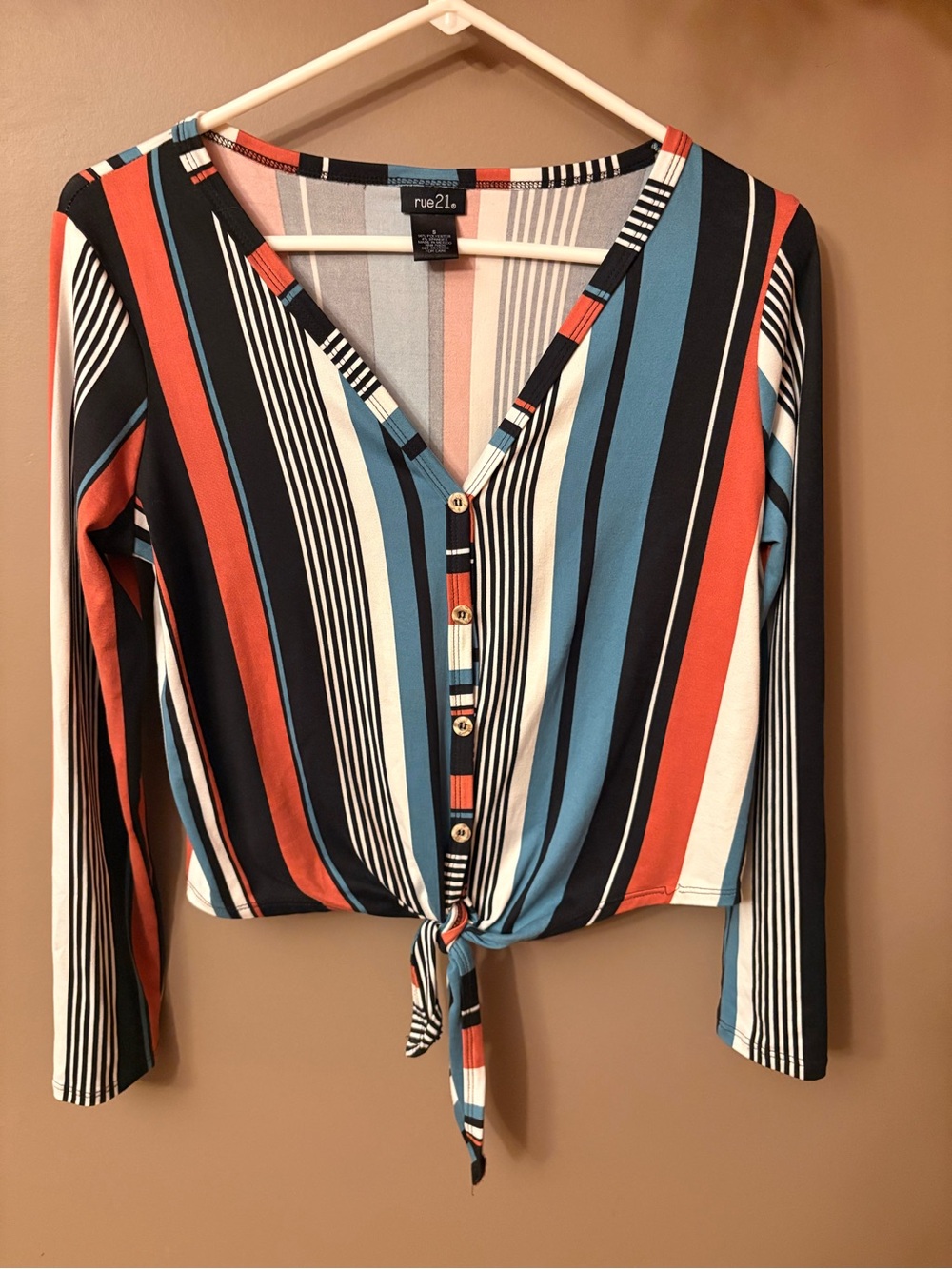 rue21 Striped Tie-Front Button Down Top - Blue, Coral, Black, White